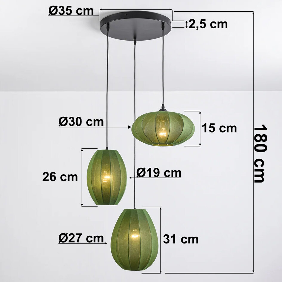 3-lichts japandi hanglamp met groene stoffen lampionnen - Fabrica