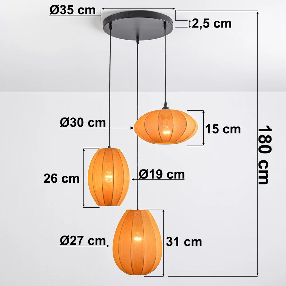 3-lichts japandi hanglamp met oranje stoffen lampionnen - Fabrica