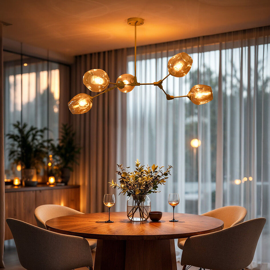 Design hanglamp  5-lichts goud met amber glas - Thelma