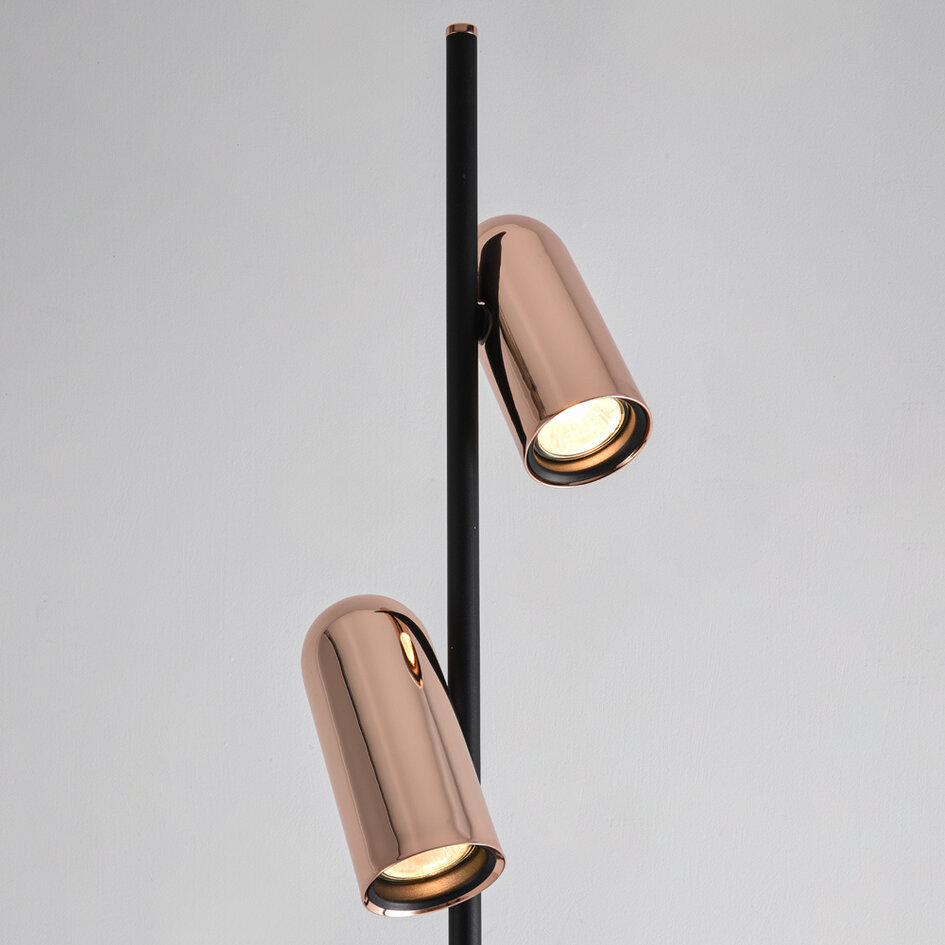 Zwarte vloerlamp Kisho met 2 spots - gouden details