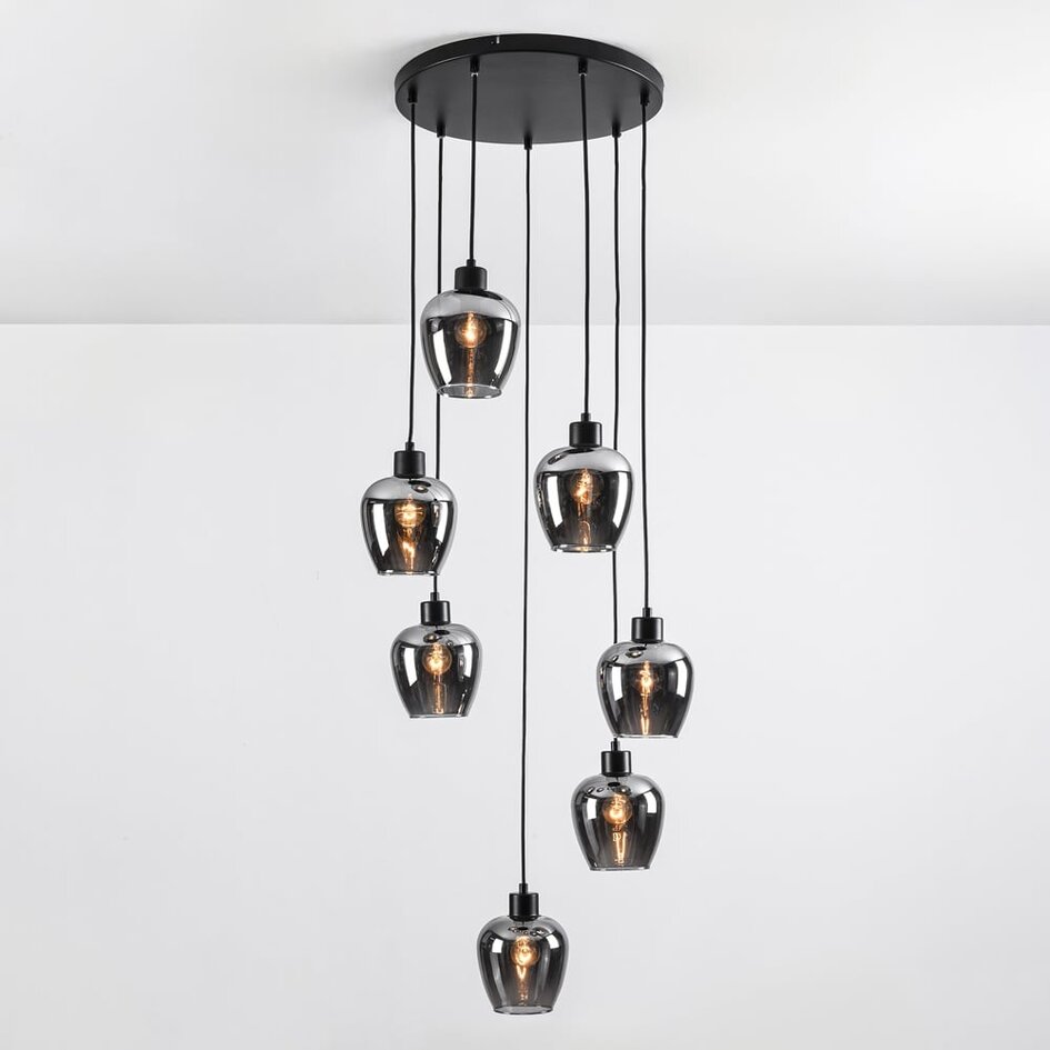 7-lichts hanglamp zwart met smoke grijs glas - Hollister