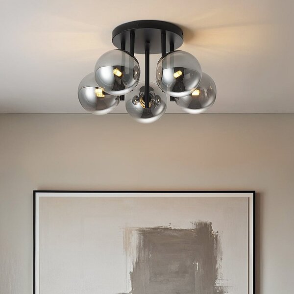 Eigentijdse plafondlamp Amora zwart met smoke glas, 5-lichts Eigentijdse plafondlamp Amora zwart met smoke glas, 5-lichts
