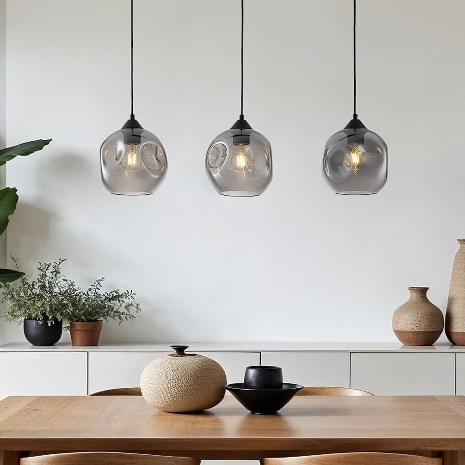 3-lichts hanglamp Fayen zwart met golvend smoke glas