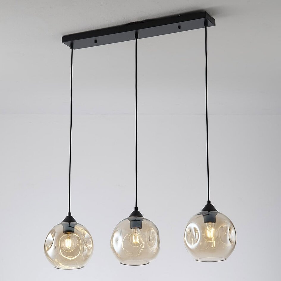 3-lichts moderne hanglamp Fayen zwart met organische vorm cognac glas