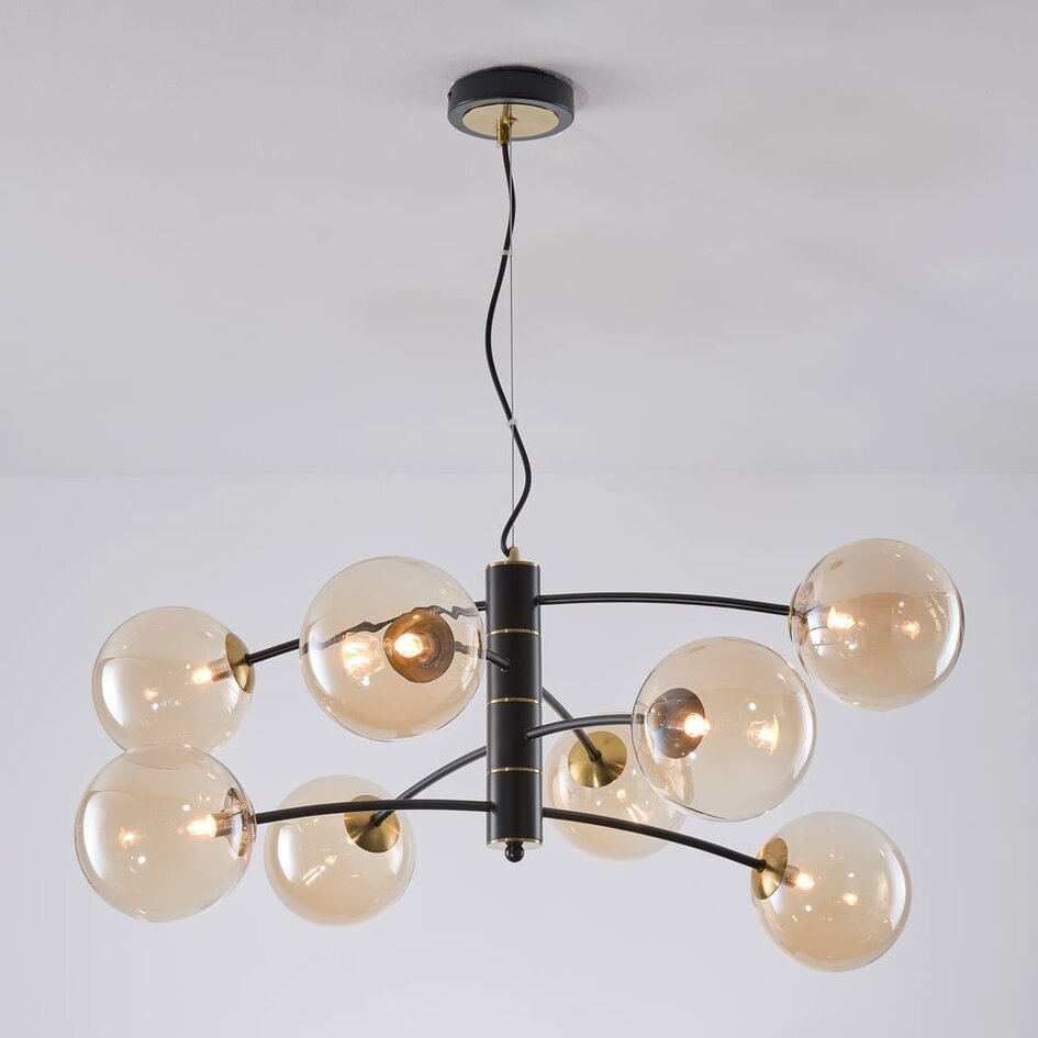 Zwarte hanglamp Torino met amber glas, 8-lichts