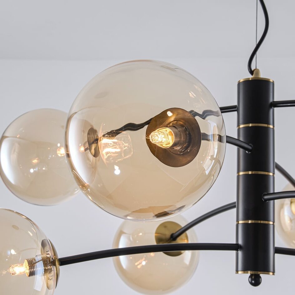 Zwarte hanglamp Torino met amber glas, 8-lichts