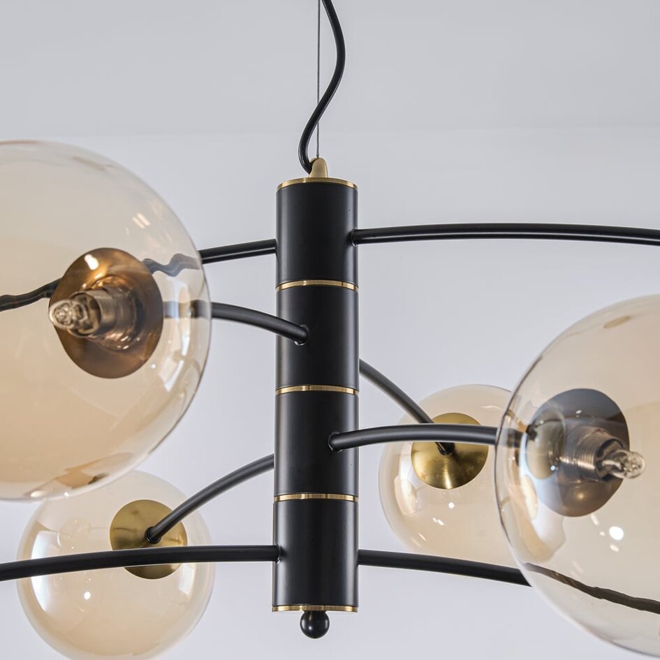 Zwarte hanglamp Torino met amber glas, 8-lichts
