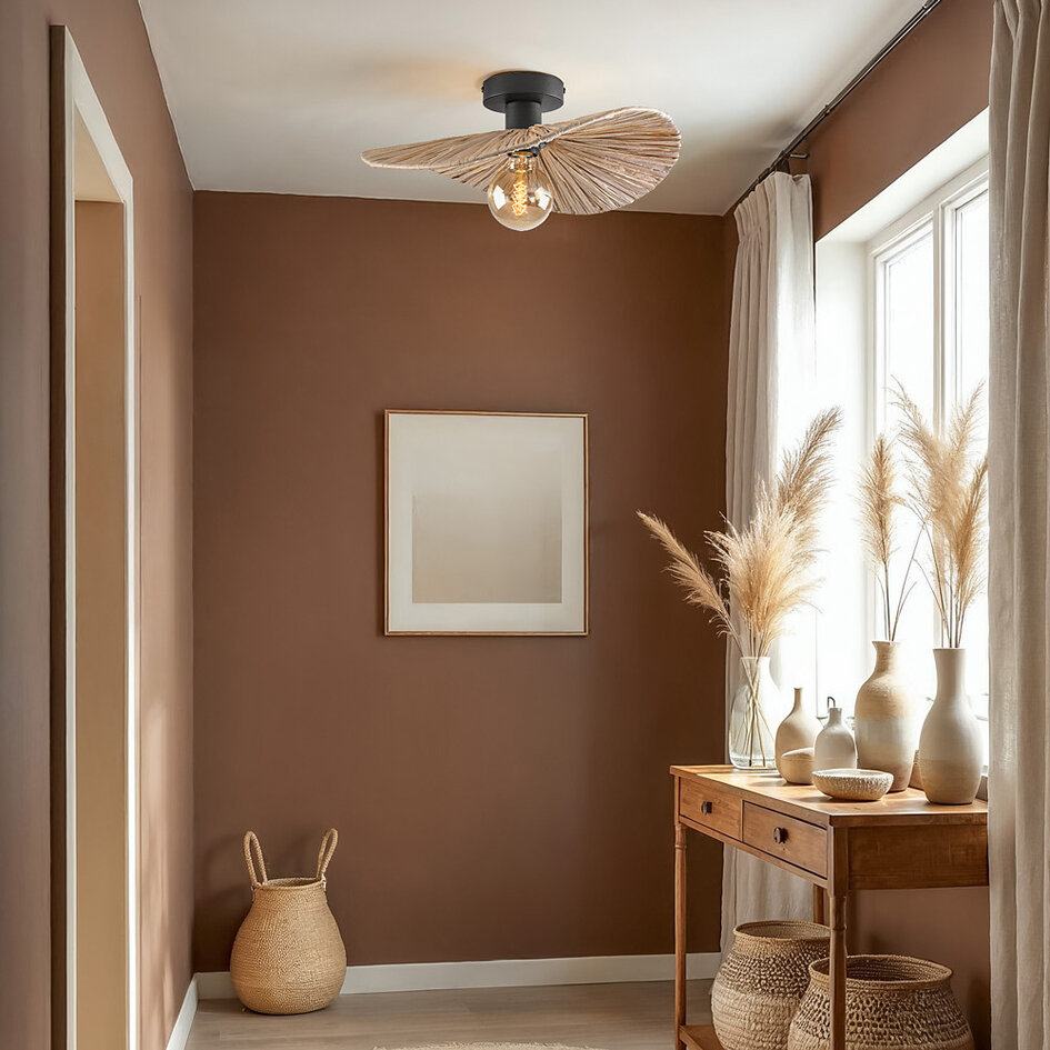 Plafondlamp Satu met gevlochten raffia papier Ø38 cm