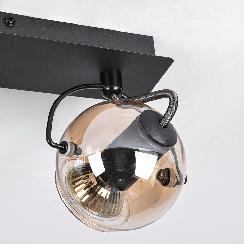 Moderne plafondlamp met amber glas en 2 spots, zwart - Jari