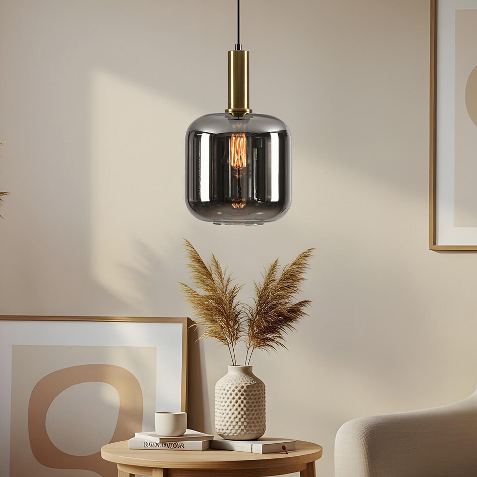 Zwarte design hanglamp goud en rookglas - Basso