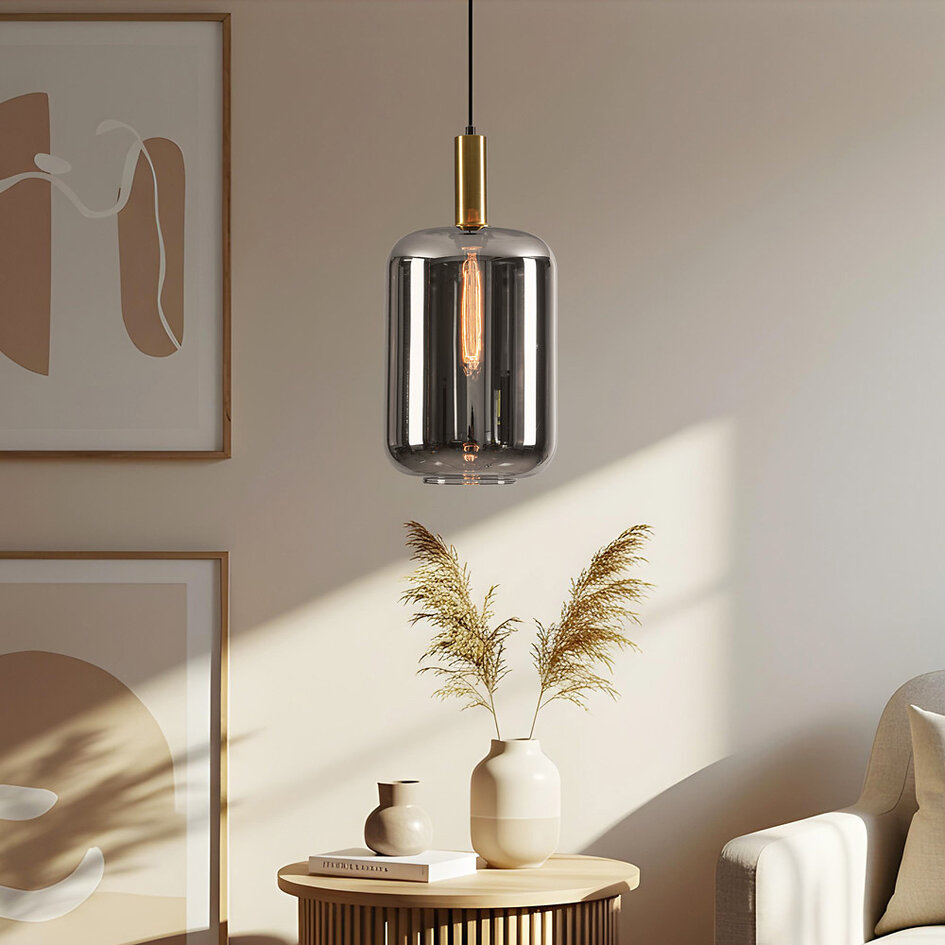 Moderne hanglamp zwart en goud met smoke glas - Sofito