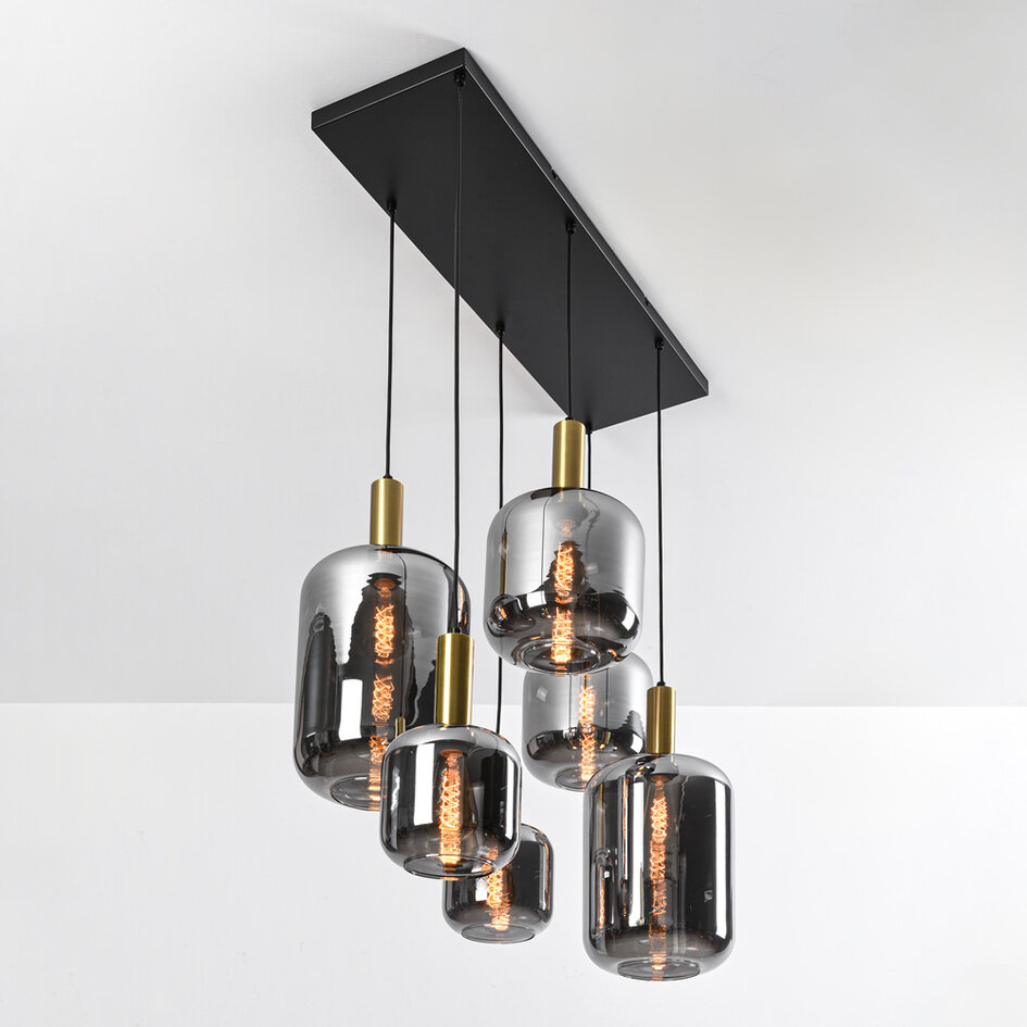 Moderne hanglamp zwart met goud en rookglas, 6-lichts - Sei