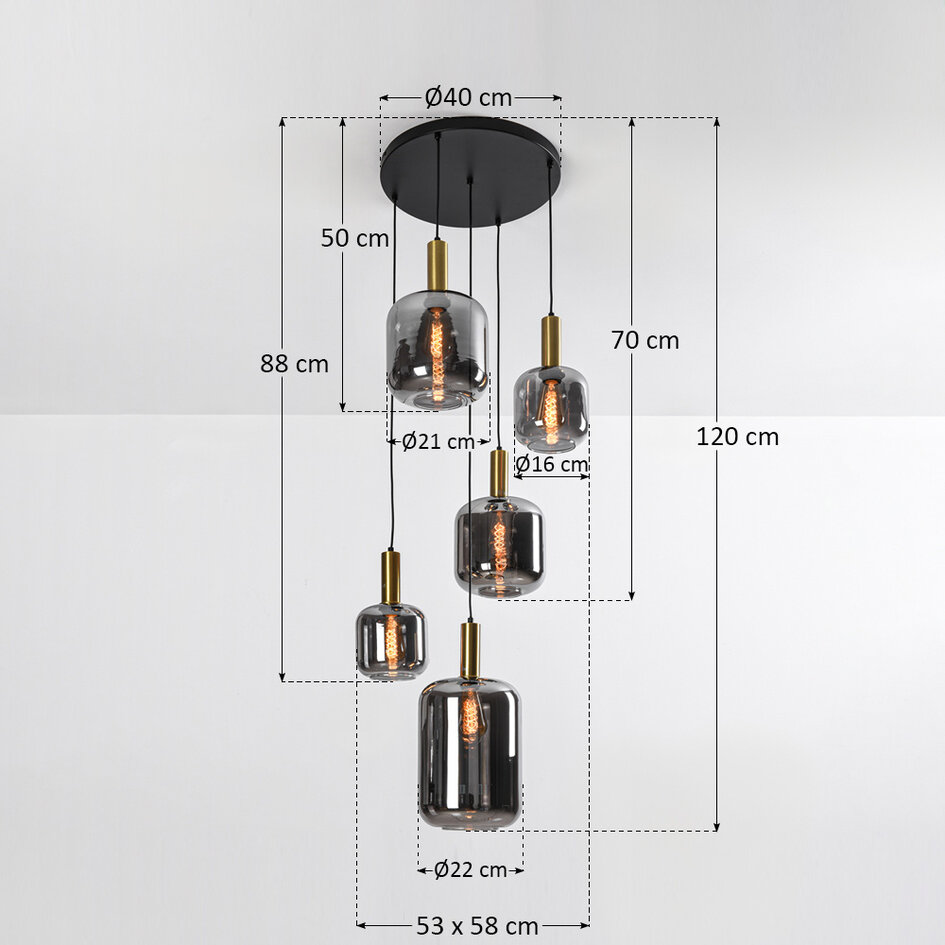 Design hanglamp zwart met smoke glas en gouden details, 5-lichts - Cinque