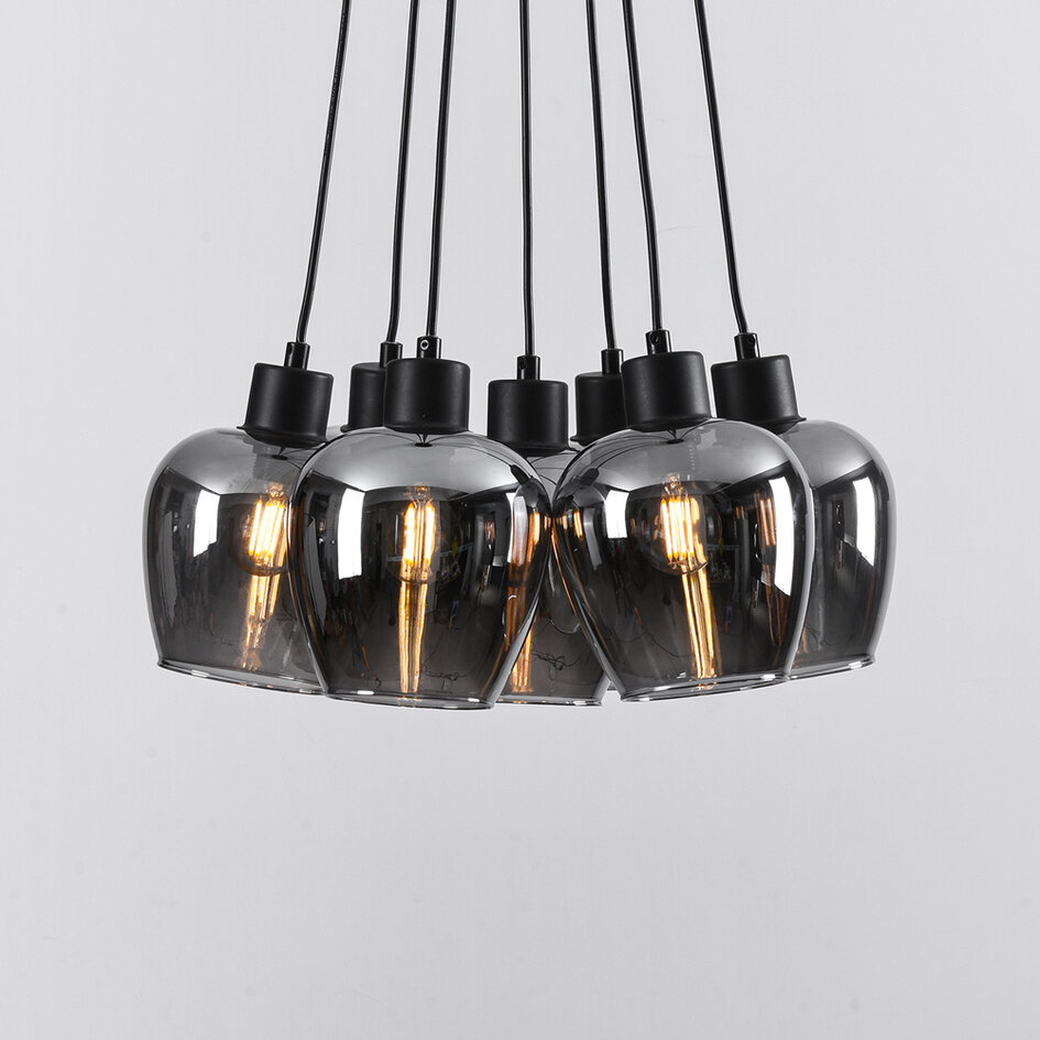 7-lichts zwarte hanglamp met rookglas - Ventura