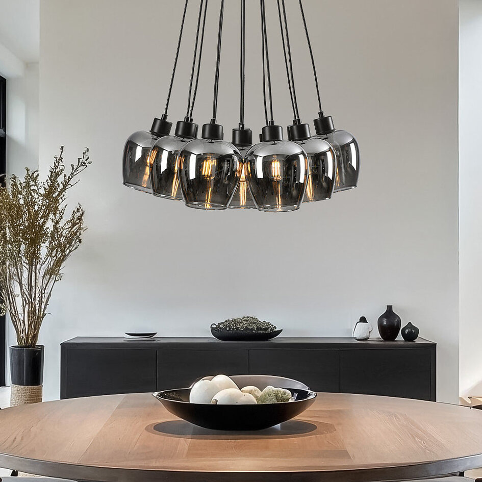 12-lichts design hanglamp zwart met smoke glas - Ventura