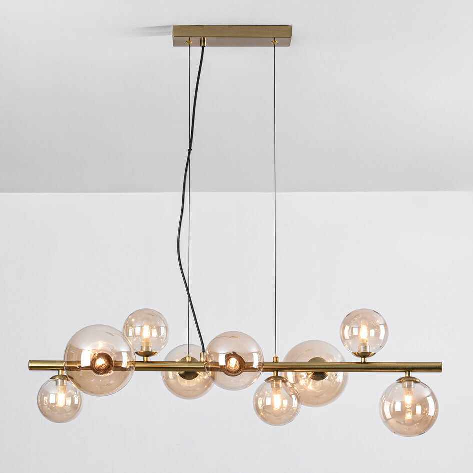 Gouden design hanglamp met amber glas, 9-lichts - Ennea