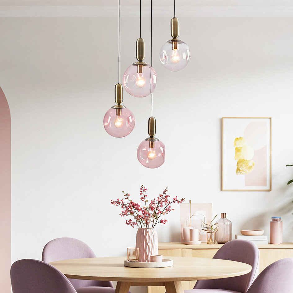 4-lichts hanglamp Kevin met golvend rood glas