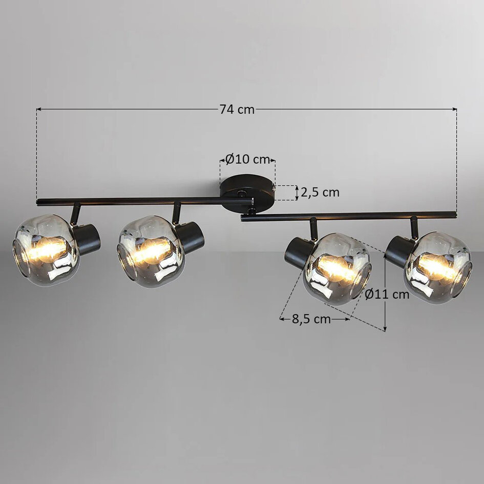 Zwarte plafondlamp met smoke glas, 4-lichts - Jenthe