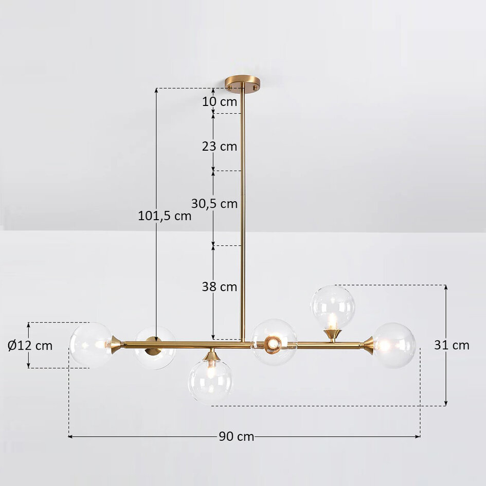 Design plafondlamp goud met transparant glas, 6-lichts - Aster