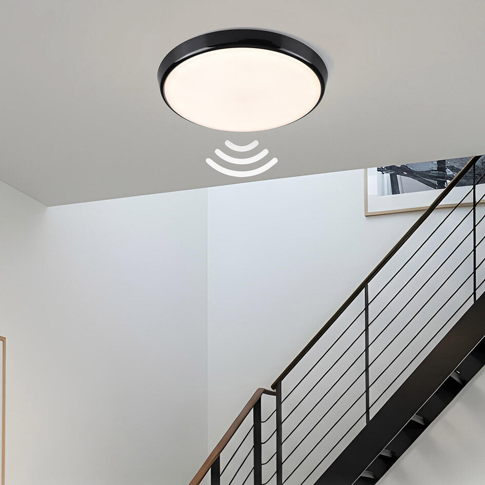 Plafonnière zwart Ø35,2 cm met noodunit, sensor en CCT switch 3000K/4000K/6000K