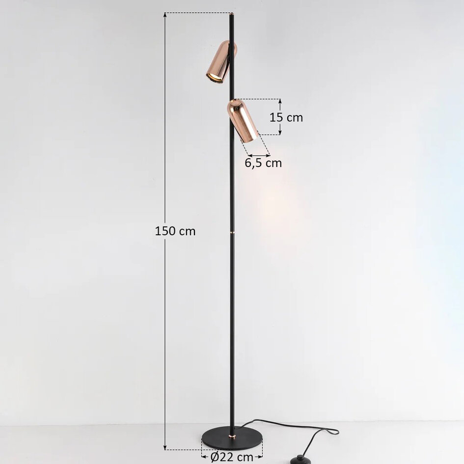 Zwarte vloerlamp Kisho met 2 spots - gouden details