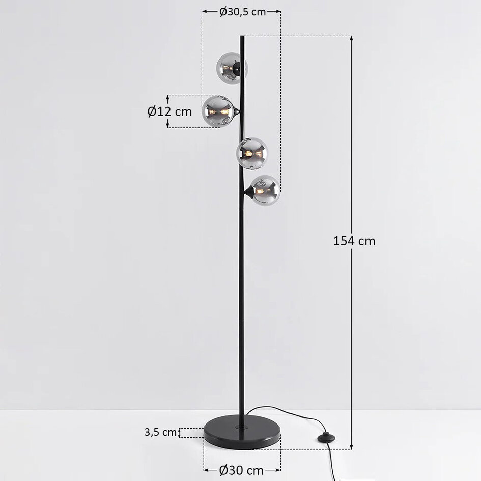 Staande lamp 4-lichts zwart met smoke glas - Pippa