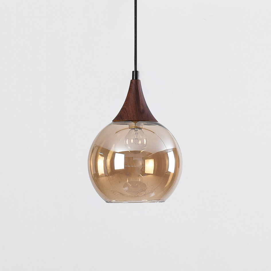 1-fase rail hanglamp Nya met amber glas en donkere houtoptiek - rond