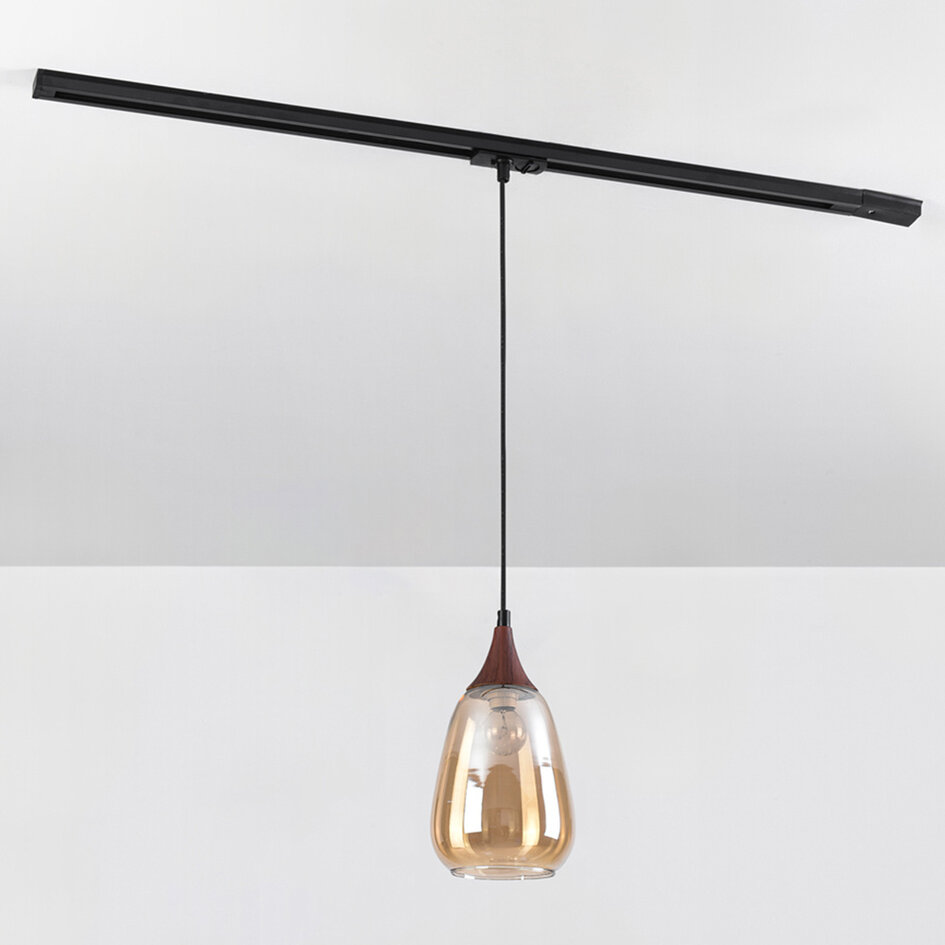 1-fase rail hanglamp Noi met amber glas en donkere houtoptiek - druppel