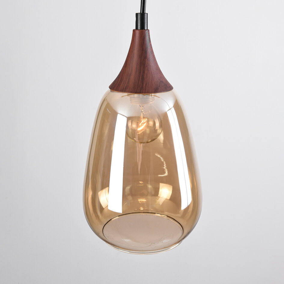 1-fase rail hanglamp Noi met amber glas en donkere houtoptiek - druppel