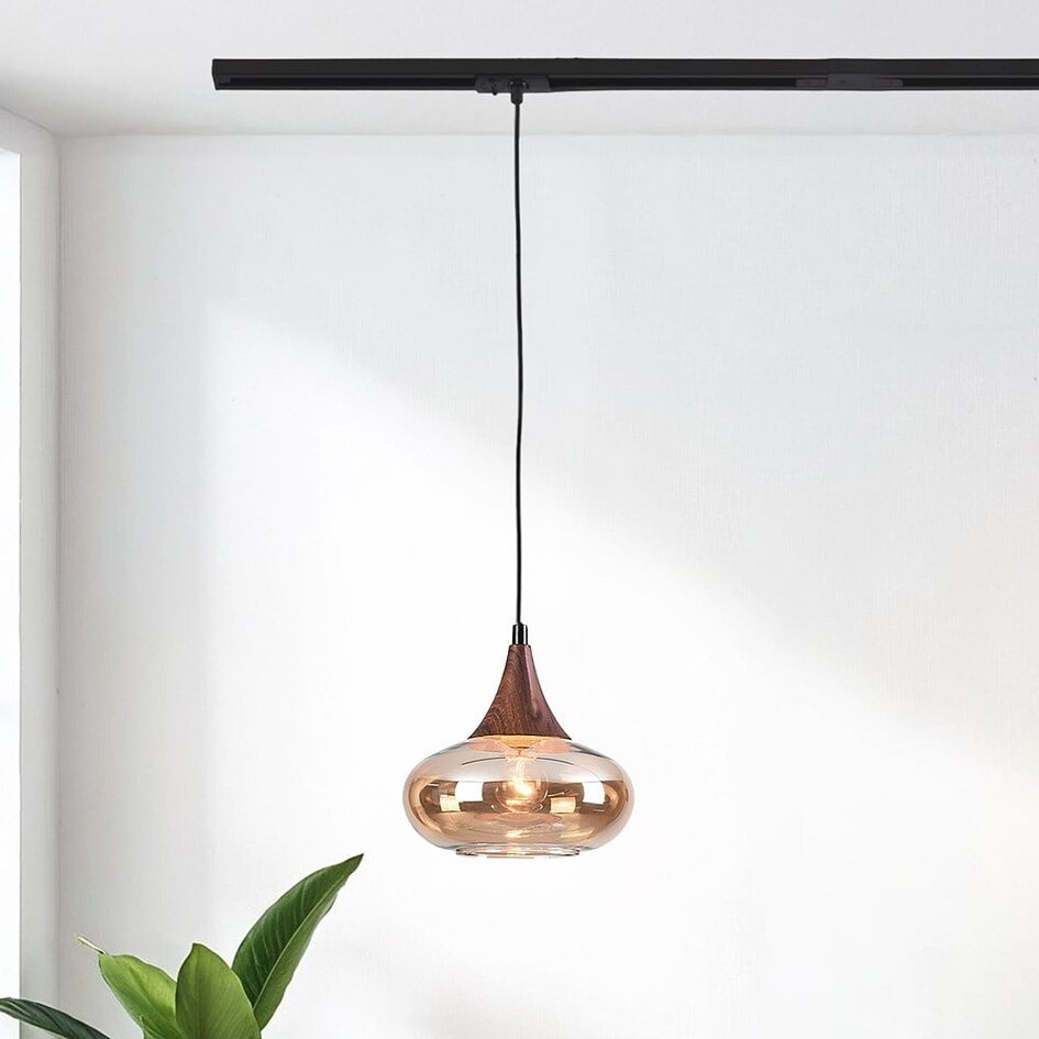 1-fase rail hanglamp Nill met amber glas en donkere houtoptiek - breed glas