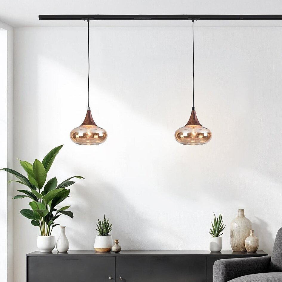 1-fase rail hanglamp Nill met amber glas en donkere houtoptiek - breed glas