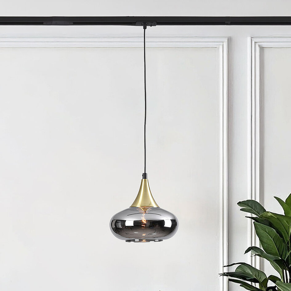 1-fase rail hanglamp Nill goud met smoke glas - breed glas