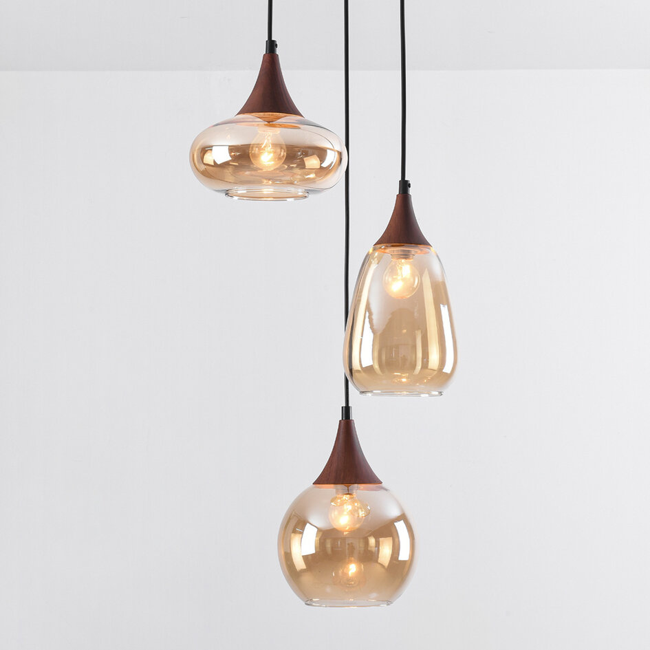 Hanglamp met amber glas en donkere houtoptiek, 3-lichts - Loua