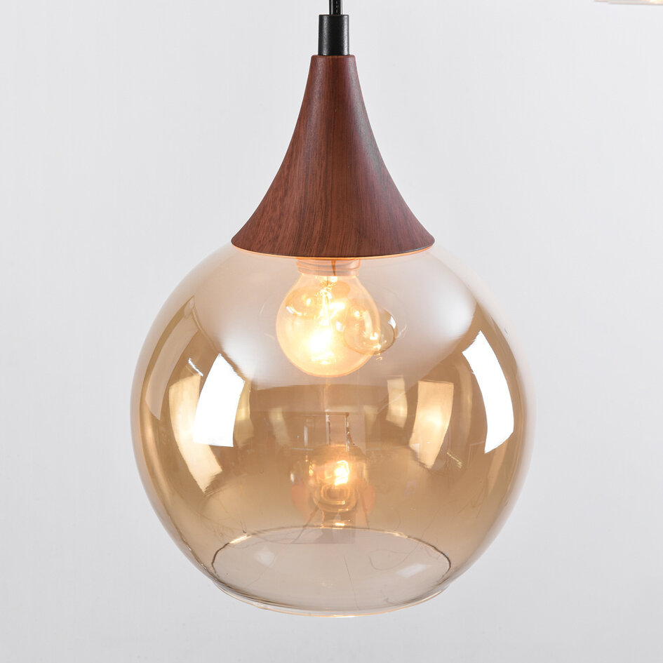 Hanglamp met amber glas en donkere houtoptiek, 3-lichts - Loua