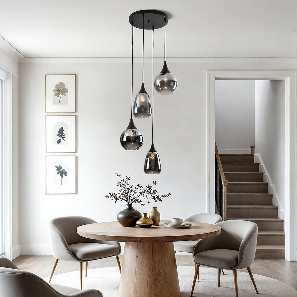 Hanglamp Loua zwart met smoke glas, 4-lichts