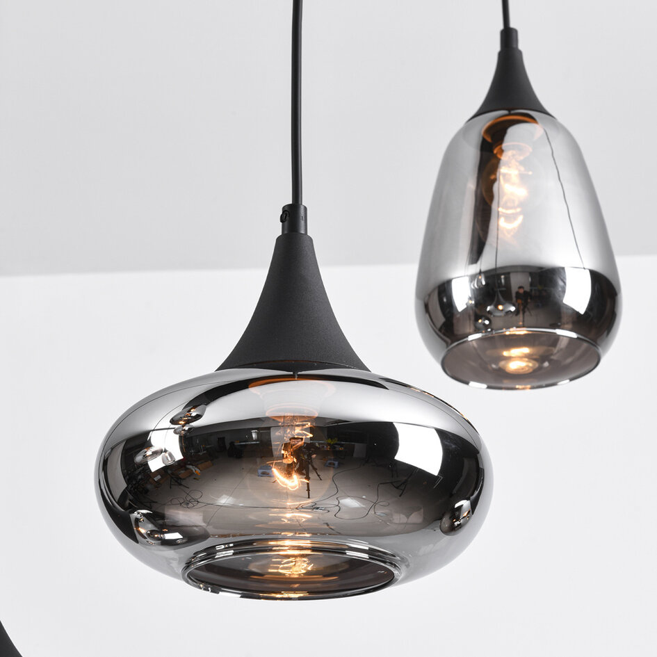 Hanglamp zwart met smoke glas, 8-lichts - Loic