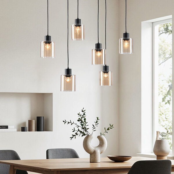 Zwarte hanglamp Palaio met amber glas, 6-lichts