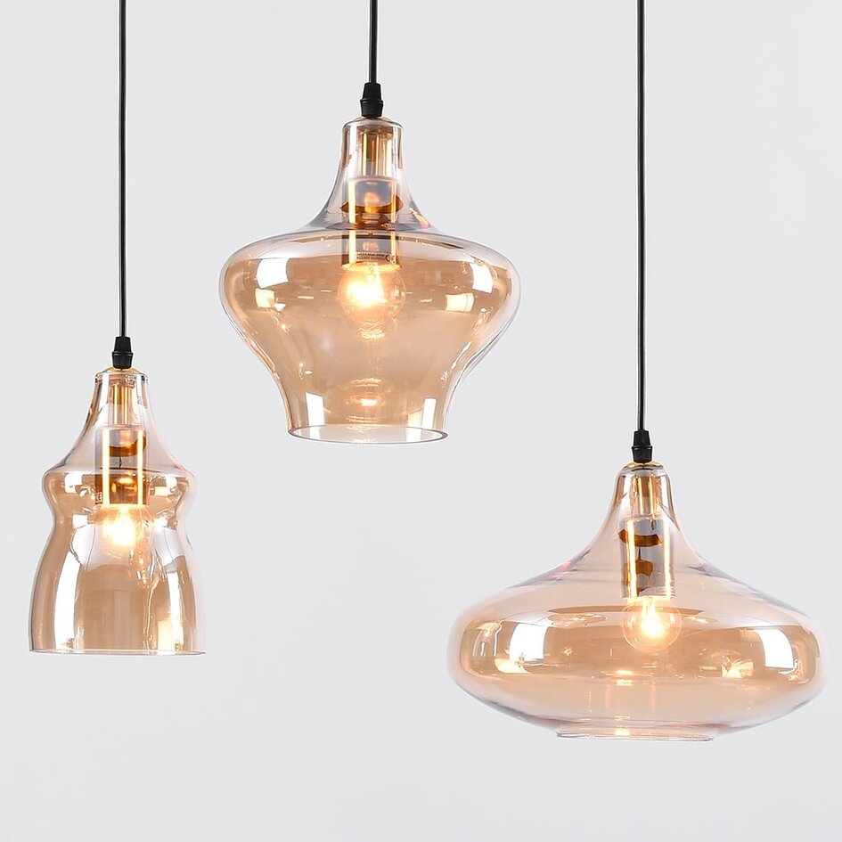 6-lichts design hanglamp Trinidad zwart met amber glas