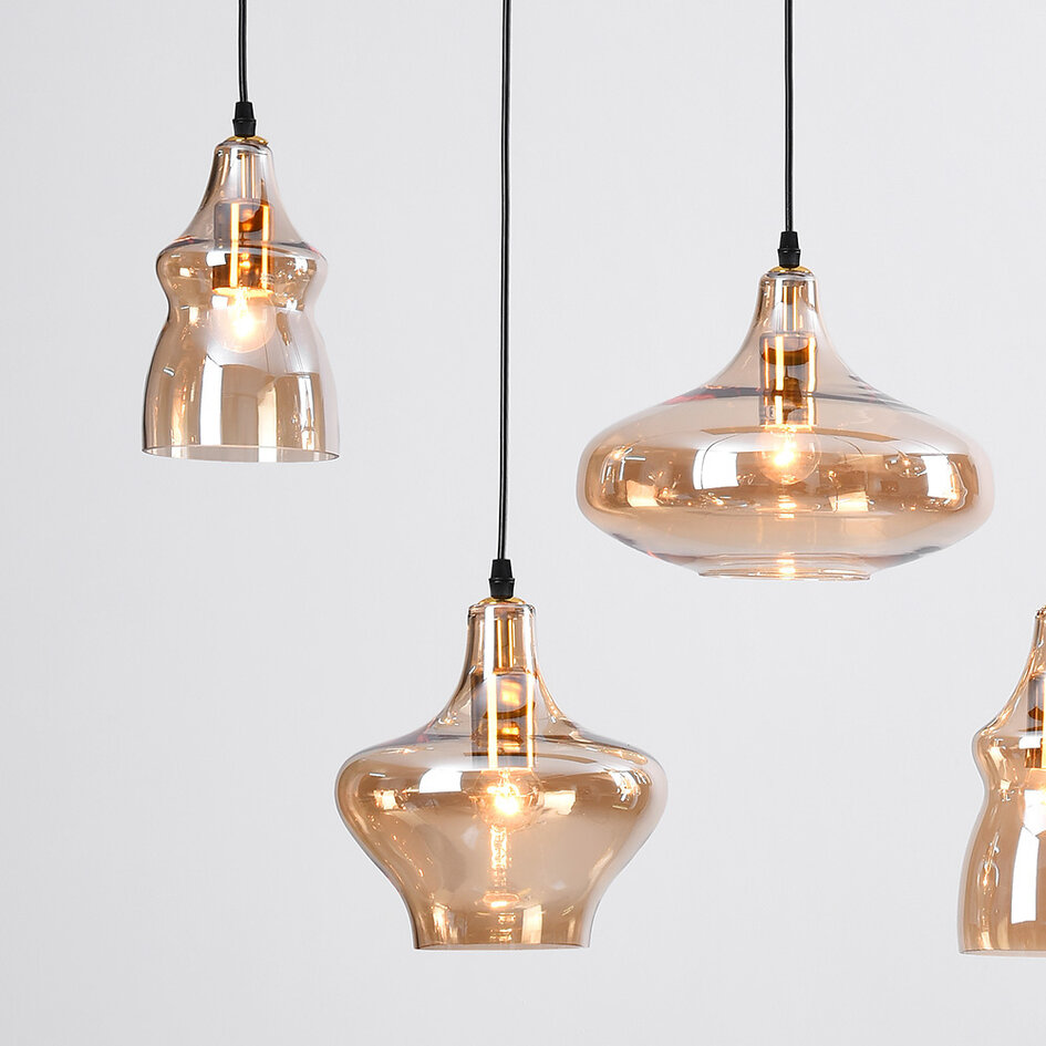 7-lichts hanglamp zwart met amber glas - Trinidad