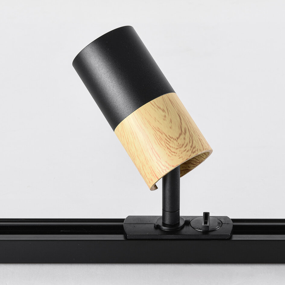 Railspot 1-fase Linn - zwart met licht eiken houtlook