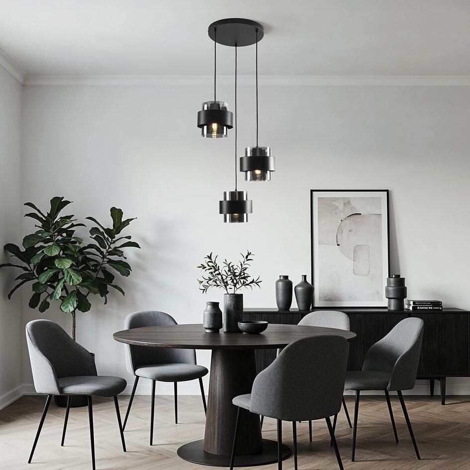 Zwarte hanglamp Fynna met rookglas, 3-lichts