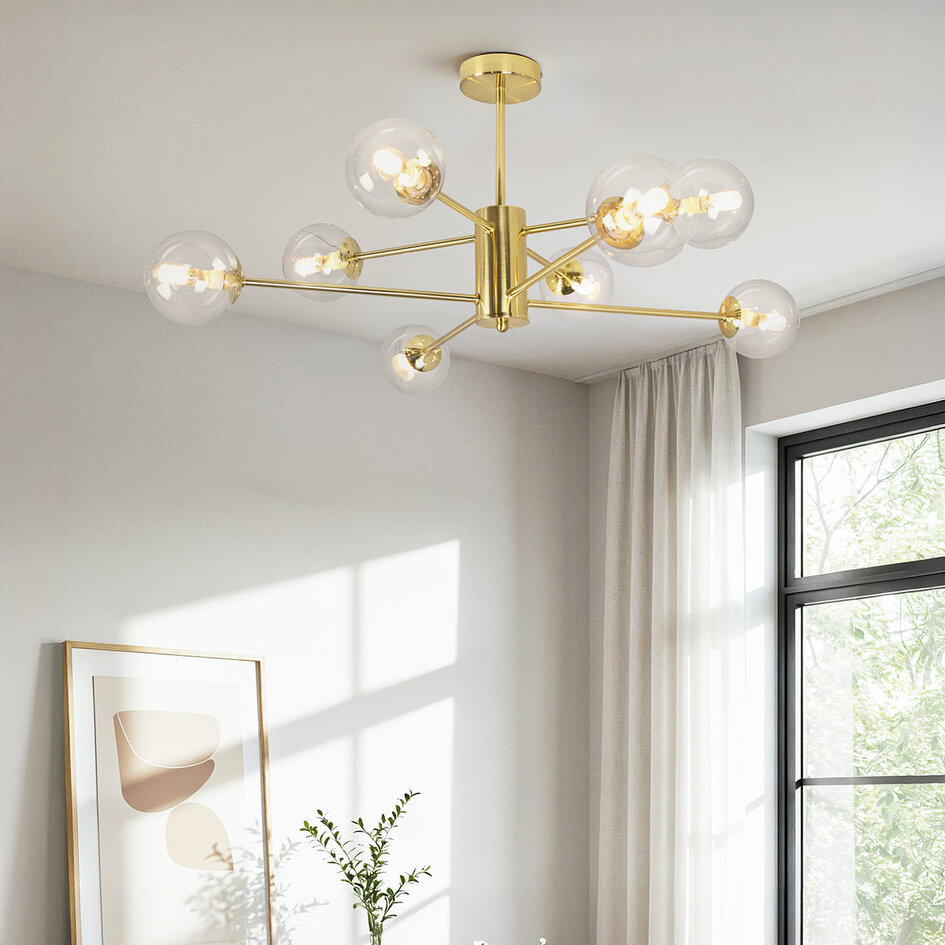Design zandgouden plafondlamp met transparant glas - 8-lichts Idaho