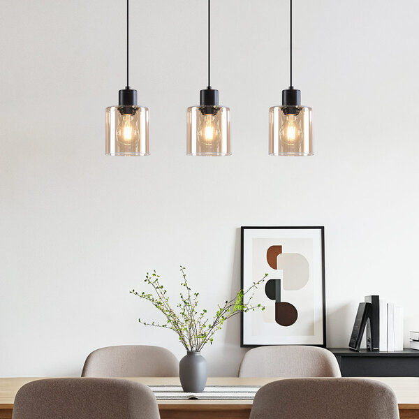 Zwarte hanglamp Palaio met amber glas, 3-lichts
