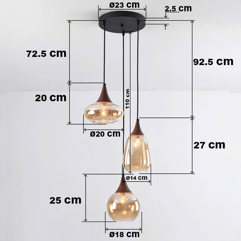 Hanglamp met amber glas en donkere houtoptiek, 3-lichts - Loua