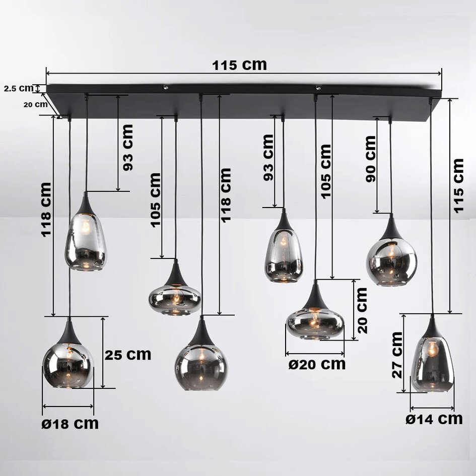 Hanglamp zwart met smoke glas, 8-lichts - Loic