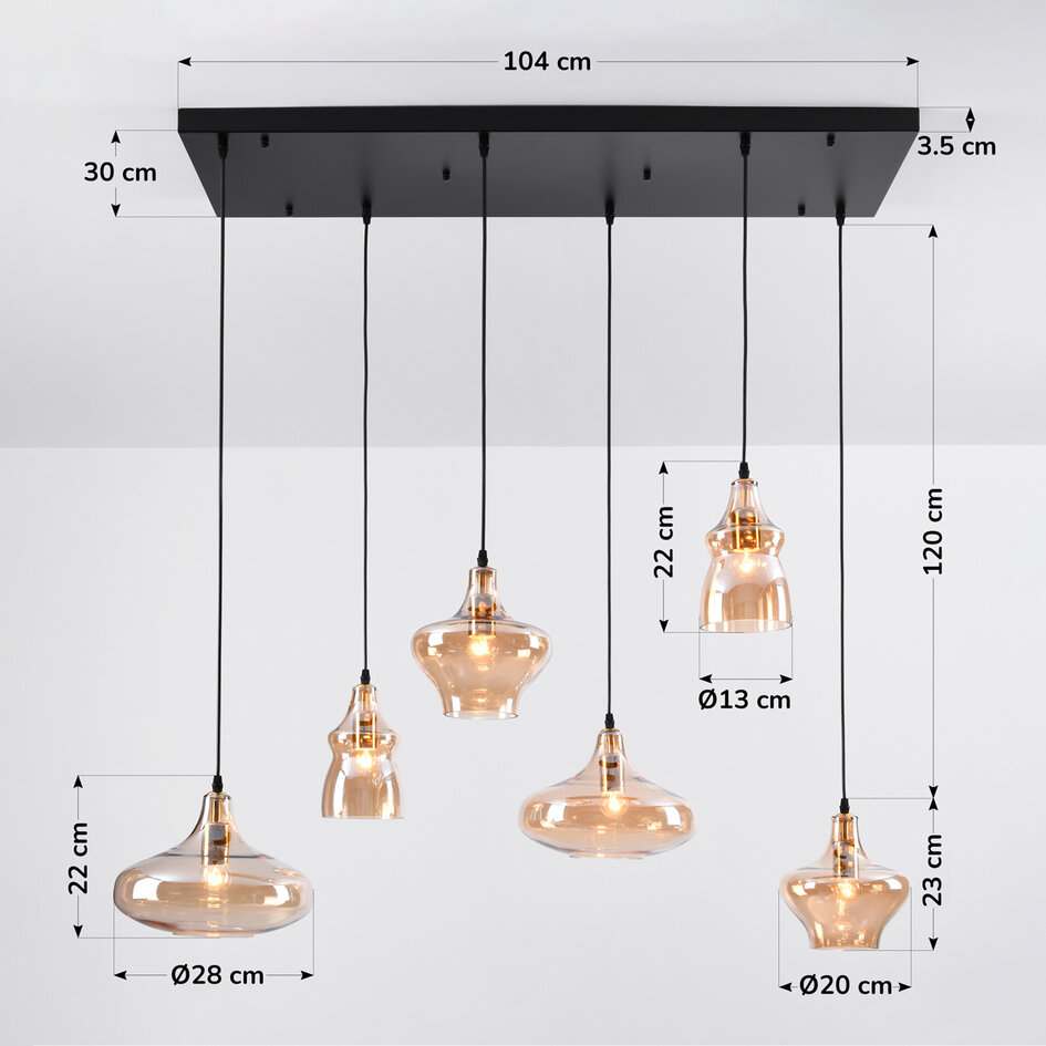 6-lichts design hanglamp Trinidad zwart met amber glas