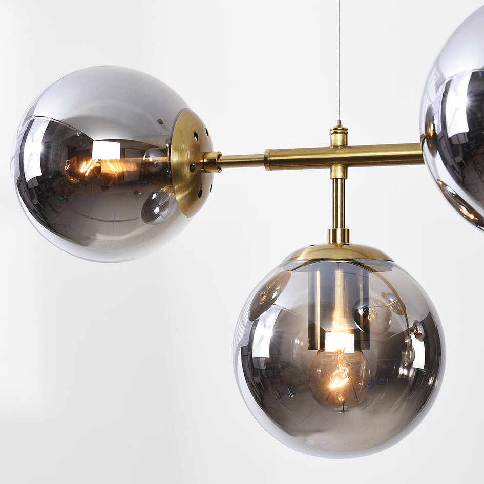 Design hanglamp Hepta goud met smoke glazen bollen