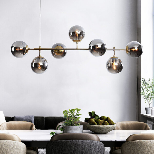 Design hanglamp Hepta goud met smoke glazen bollen