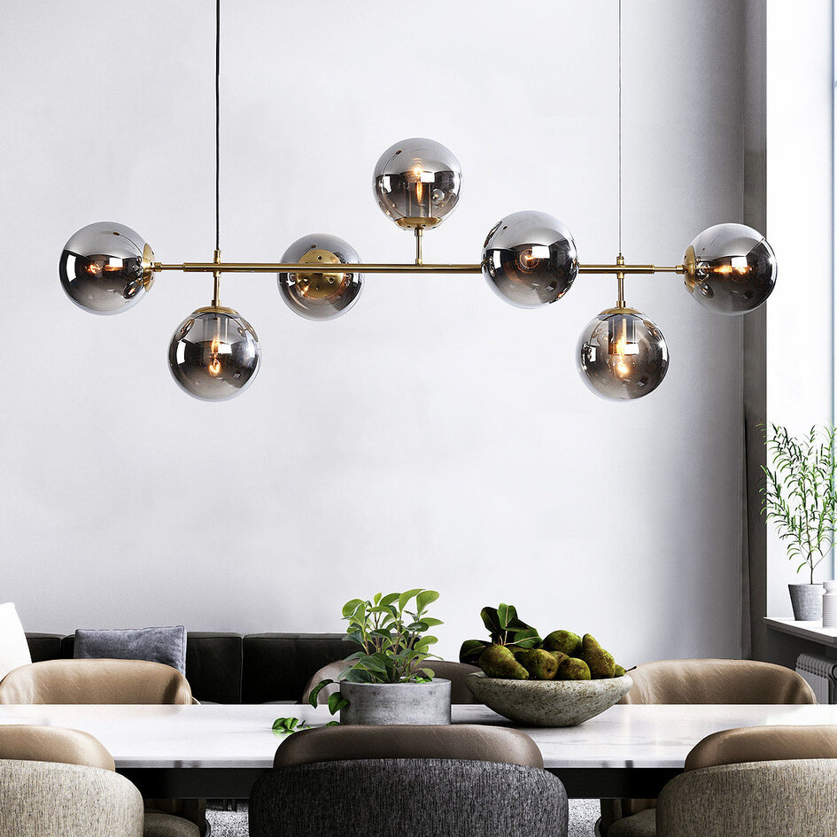 Design hanglamp Hepta goud met smoke glazen bollen
