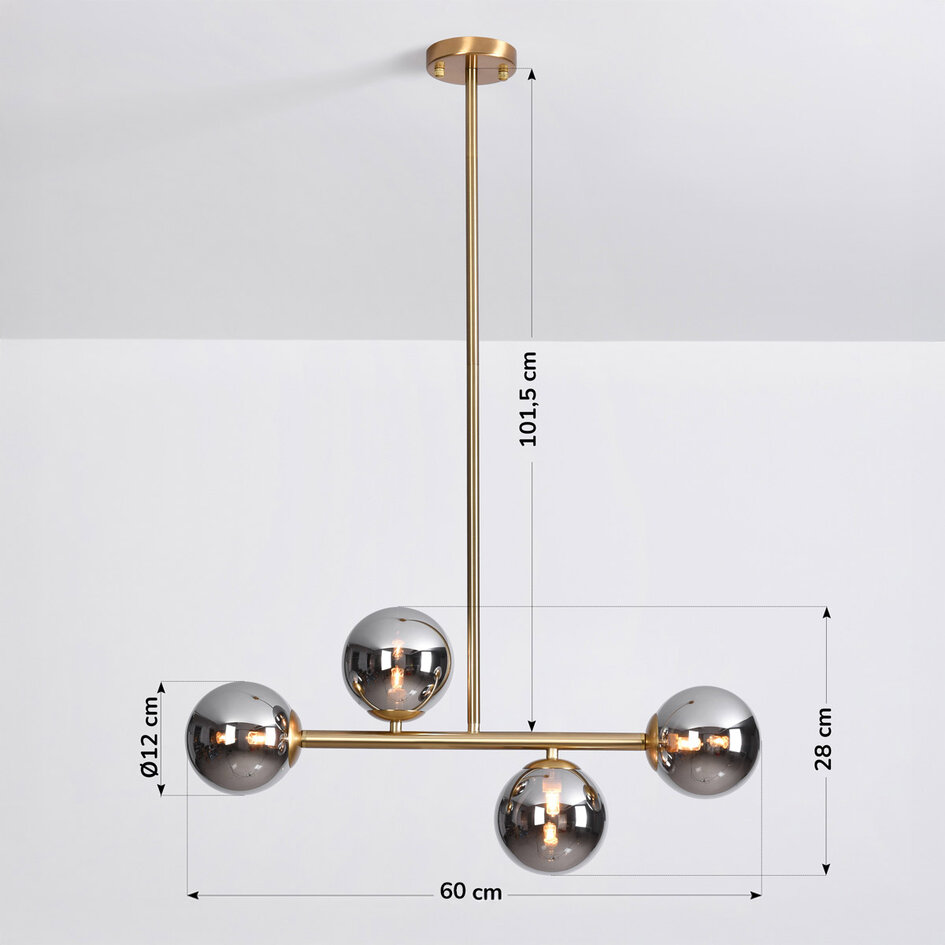 Hanglamp Asun met gouden frame en smoke glazen bollen met spiegeleffect